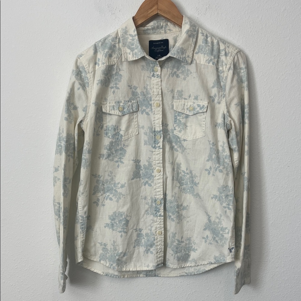 AMERICAN EAGLE White & Blue Printed Long Sleeve Button Down Top